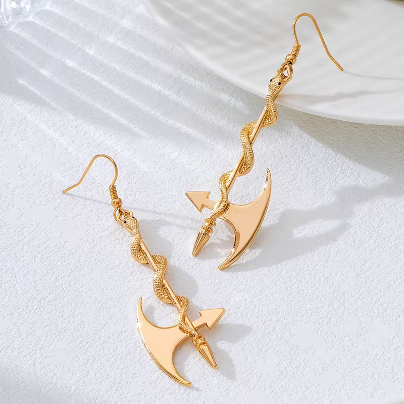 Gold Snake and Axe Earrings